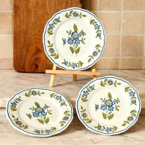 Vintage French Faience Floral Plates Set of 3 Blue Scalloped 8" France